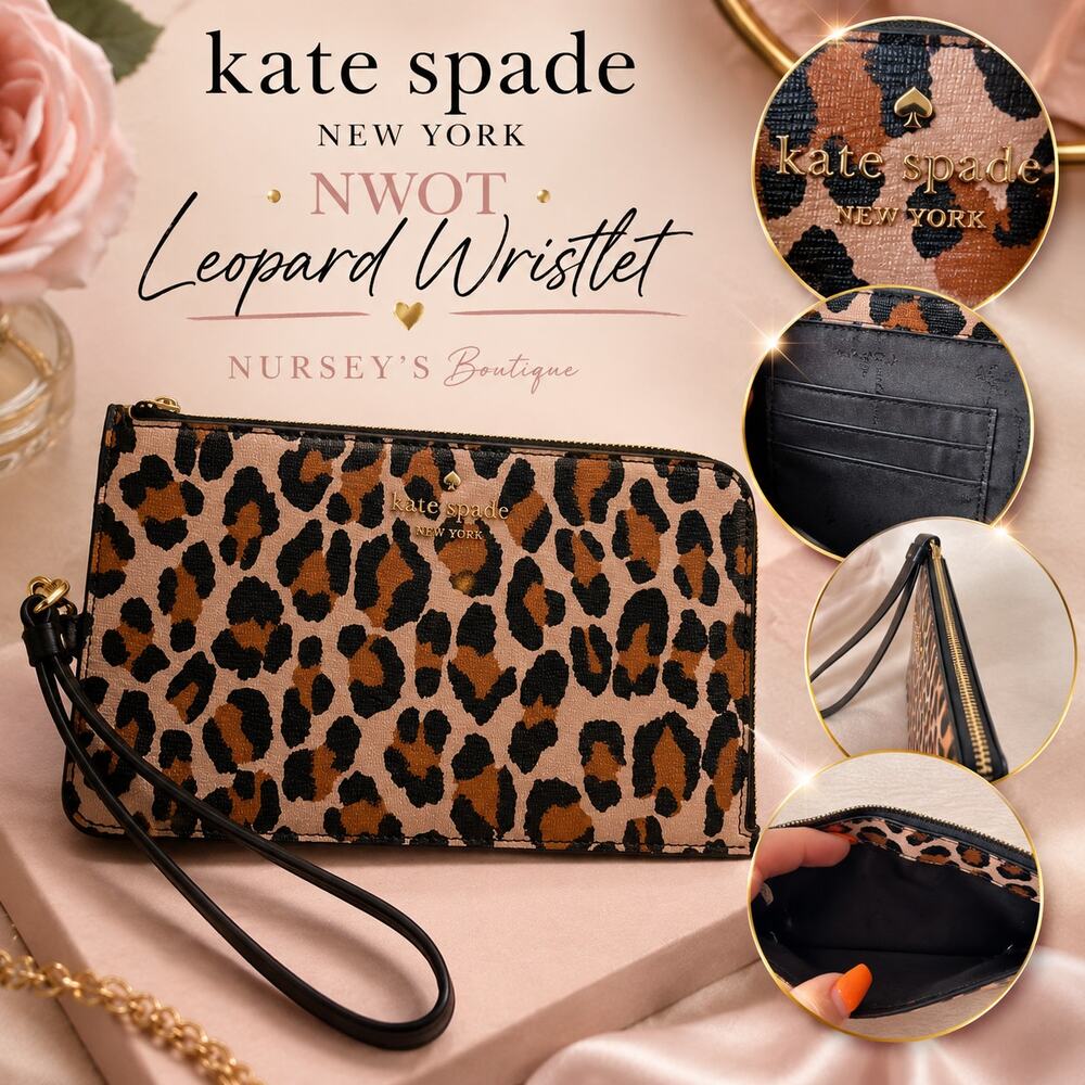 Kate Spade Lucy Leopard Medium L Zip Wristlet Tan Black Gold NWOT KH767